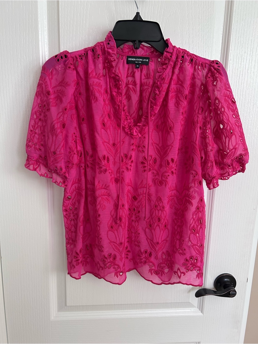Generation Love Hot Pink Eyelet Lace Puff Sleeve Blouse